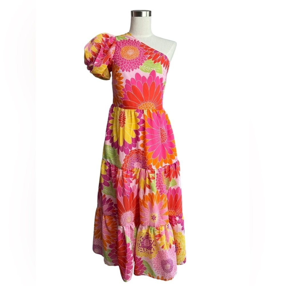 J.Marie Leilani One Shoulder Short Puffed Sleeve Tiered Midi Dress NWT - Picture 2 of 4